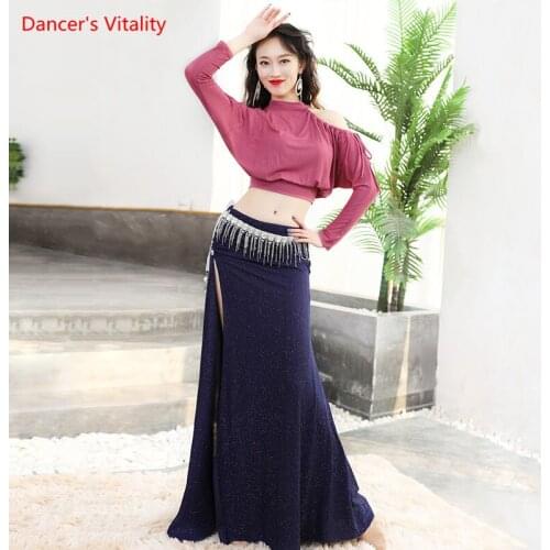 Belly Dance Suit Round Neck Top Long Sleeve Split Skirt Performance Clothes Set Female Adult Elegant Competition Clothing