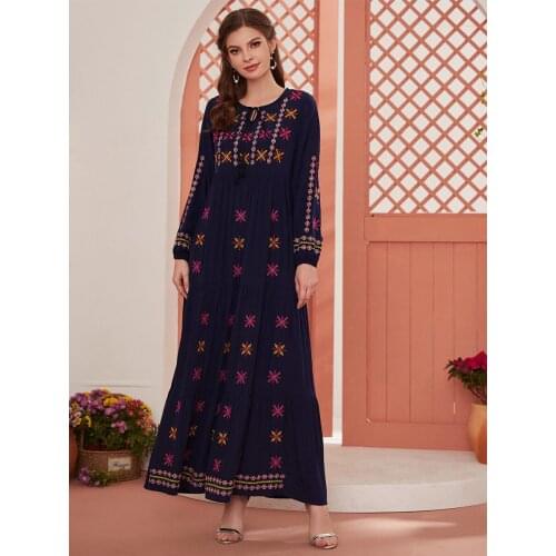 Fashionable Commuter Round Neck Solid Color Slim Embroidered Multilayer Pleated Dress plus size part long dress