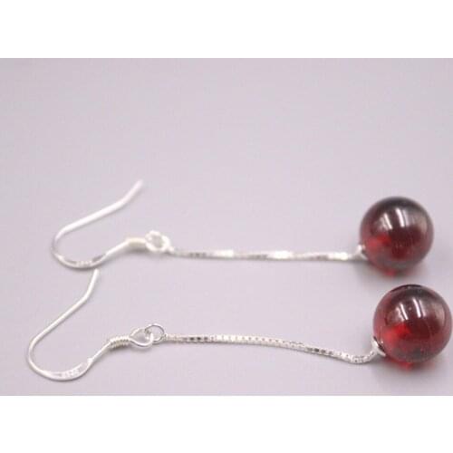 Genuine Real 925 Sterling Silver with Round Red Garnet Ball Dangle Earrings 2.12inch Length