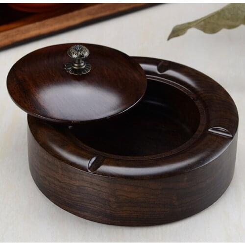 Chinese Ebony Solid Wood Ashtray with Lid Large Creative Personality Anti-ash Wooden Living Room Gift Office Decoration