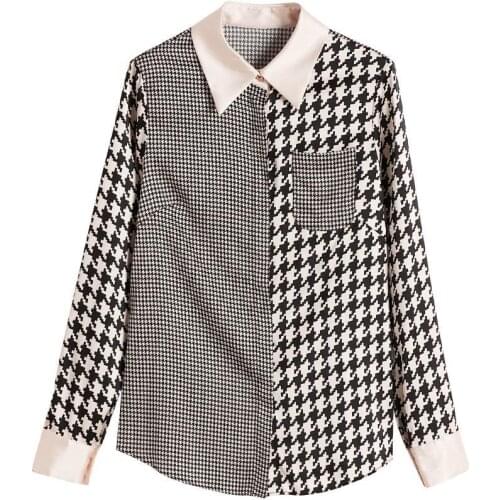 Spring Summer Women Satin Shirts Loose Polo-Neck Long Sleeve Loose Blouses Stylish Vintage Ladies Lattice Blusas TOps MM0873