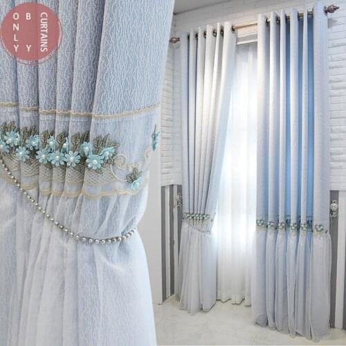 2021 Modern and Fresh Korean Blue Princess Wind Lace Curtains for Girls Bedroom Girls Room Bay Window Blackout Curtains Custom