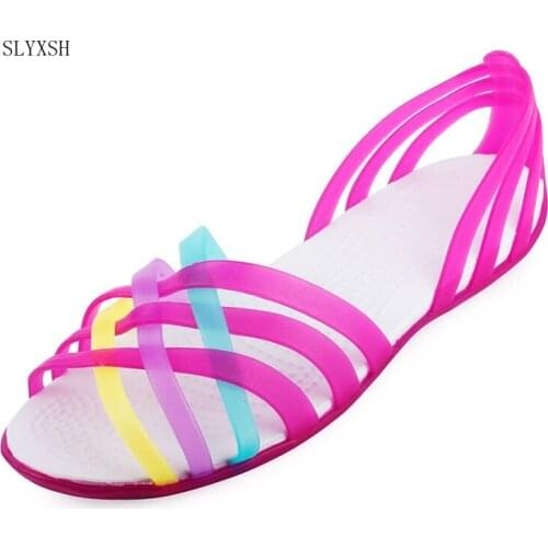 SLYXSH 2018 new summer flat bottom Hole shoes Beach jelly Girls sandals Student Simple Rainbow Plastic Woman Sandals
