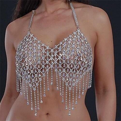 Sexy Super Flash AB Color Mesh Water Drop Bra Body Chain Ins Fashion Womens luxury Rhinestone Geometric Tassel Chest Chain