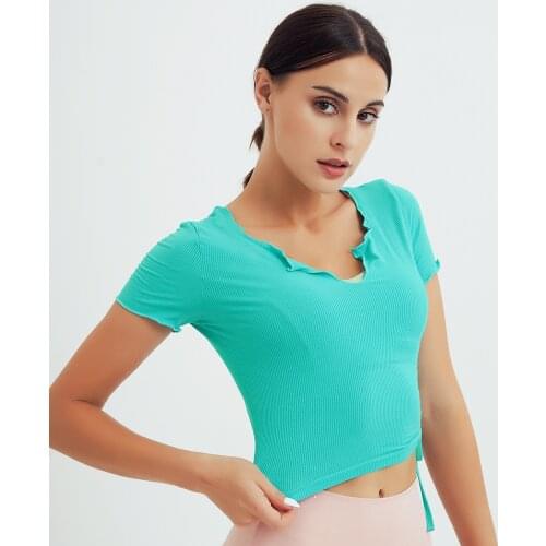 Women Yoga Shirts Candy-colored Short-sleeve Sports T-shirt Gym Running Training Yoga Wear Lace-up Crop Top Fitness Shirts