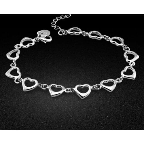 Women 925 Sterling Silver Bracelet Cute Heart-shaped Hand catenary 20cm Solid Silver Fine Jewelry Birthday Gift for Girls