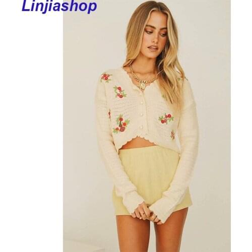Spring Women Long Sleeve Korean Sweet Short Knitted Cardigan V Neck Crop Top Pearl Buttons Flower Embroidery Thin Outwear Blusas
