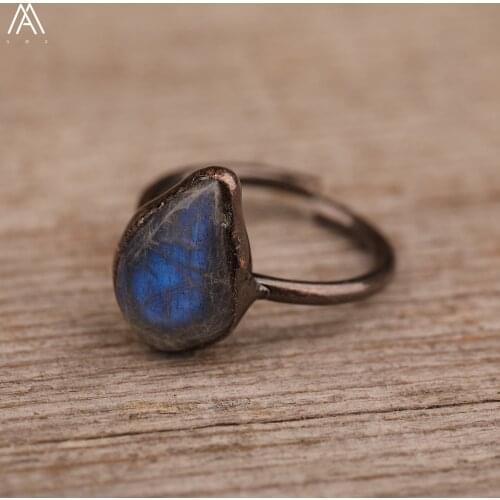 Exquiste Flash Labradorite Waterdrop Open Finger Rings For Women Vintage Bronze Natural Gemstones Adjustable Ring Jewelry Gift