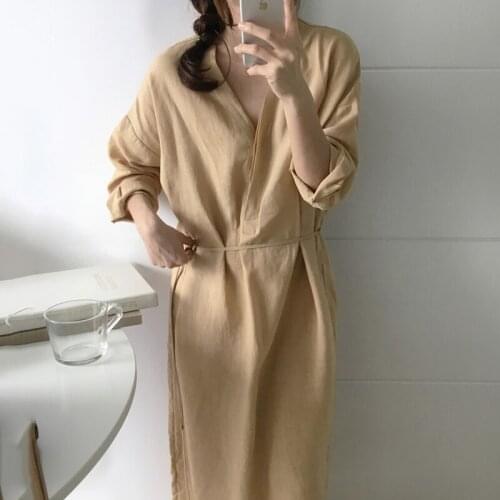 2020 Fashion Autumn Korean Chic Niche French V-neck Loose Dress Elegant Female Oversizesimple Mid-calf Full Sleeve Dress Women