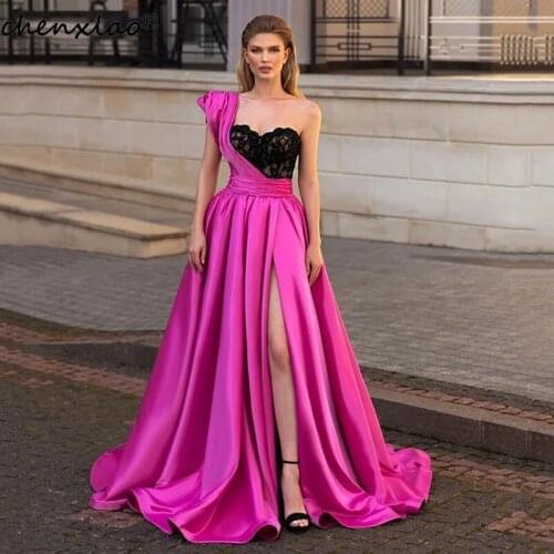 Fuschia Satin Girl Evening Prom Dress Sweetheart Appliques Slit Lace Formal Evening Party Gowns Vestidos De Festa Custom Made