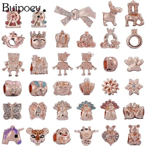 Buipoey Rose Gold Cartoon Animals Beaded Charm Fit Bracelets & Bangles Shiny Rhinestone Crown Peacock Beads Jewelry Accessories