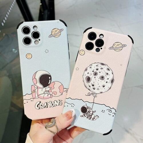Smartphone Case For iphone 12 Pro Max 11 7 8 Plus XS X XR Mini 2020 SE PU Leather Shockproof Back Cover Cartoon Astronaut