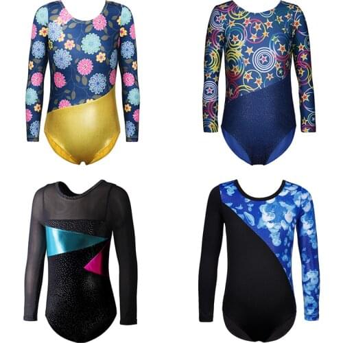 Black Gymnastics Leotards Girls Mesh Long Sleeve Dancewear Child Dance Clothing Costumes Professional Gymnastic Leotards 2-13Y