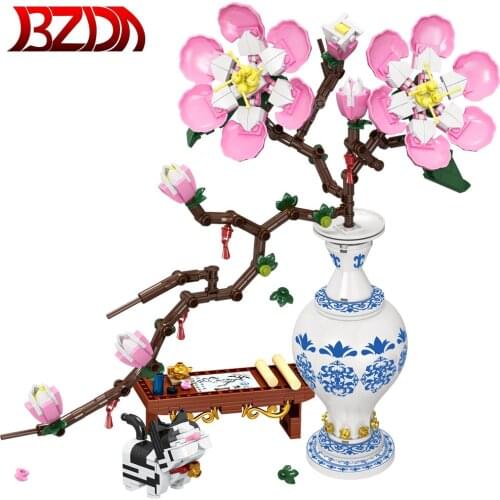 BZDA Bonsai Potted Plants Peach Blossom Flowers Bouquet Building Blocks Assembly DIY Model Bricks Toys for Girls Friends Gift