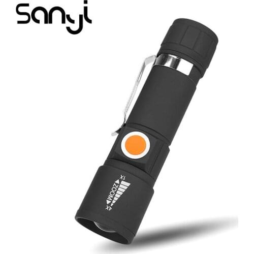 SANYI Mini USB Flashlight Torch 3800 Lumen Built-in Battery Portable Lantern Zoom 3 Modes Outdoor Camping Lamp