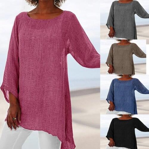 New Women T-shirts Casual Plus Size Cotton Soft Solid Color Linen O-Neck Long Sleeve Irregular Tunic Tops For Women Clothing
