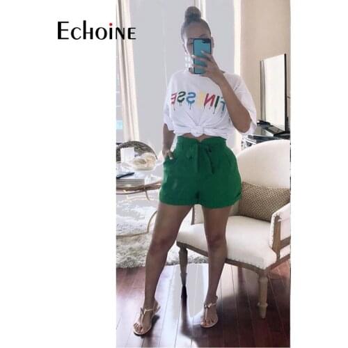 Echoine Summer letter Print Set Women Sexy Shortsleeve Tops and Belt green Biker Short Two Piece Sets Fashion Tracksuit Outfits