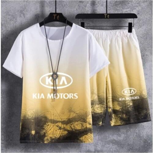 Summer Mens short sleeve kia Car Logo Printing Cotton High Quality Casual Mens short sleeve P+ pants 2-piece suit
