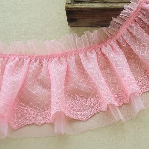 2Meters/lot 18cm Elatsic Pink Ruffles Lace Trims, 2Layer Mesh and Lace Fabric Bedding Lace Accessories X608