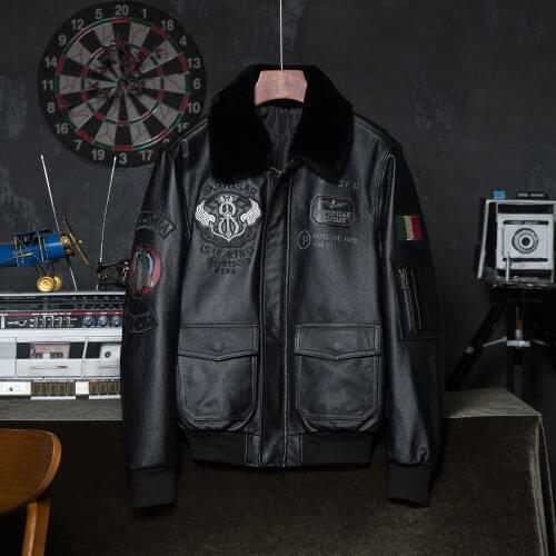 Embroidery Men Leather Jacket 100% Cowhide Fur Collar Flight Coat Mens Biker Clothing Wnter Asian Size Wholesale Drop Shipping