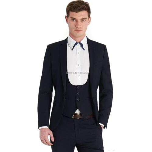 New Design Custom Made Dark Blue One Button Groomsman Men Suit For Wedding Groom Slim Fit Tuxedos For Men Prom Jacket+Vest+Pants