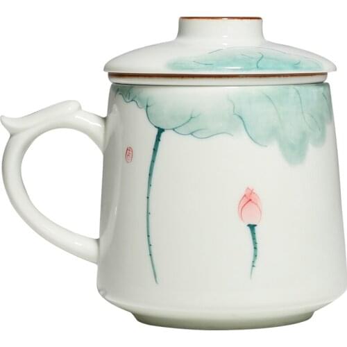 Hand Painted Pink Lotus Tea Cup Simple Water Cup Ceramic Household Office Mug with Strainer Tea Cup Coffee Mug