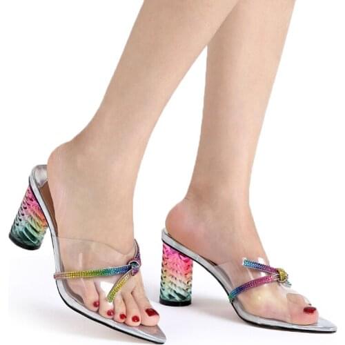 Clear Sandals Hot Sale Pointed Toe Women Shoes Round Heeled Shoes Rainbow Colorful Blue Italy Chic Slippers Ladies Heels Summer