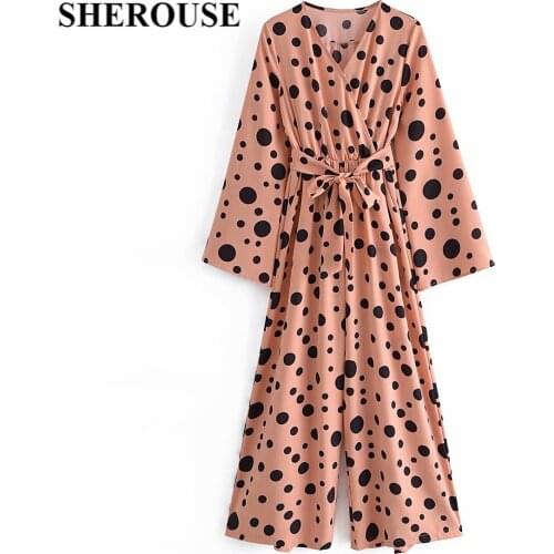 SHEROUSE 2021 Vintage Women Polka Dot Printed jumpsuit with Sashes Wide Leg Romper Elegant Woman one piece outfit playsuit