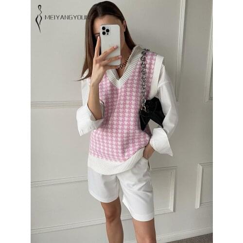 MEIYANGYOUNG Sweater Vest Women Autumn V Neck Sleeveless Vintage Houndstooth Knitted Ladies Sweaters Vest Female Waistcoat Tops