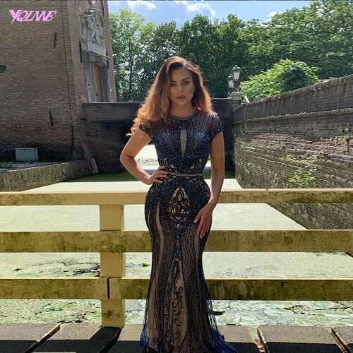 2019 Couture Navy Blue Rhinestones Evening Dresses Long O Neck Cap Sleeve Beaded Mermaid Formal Evening Gown