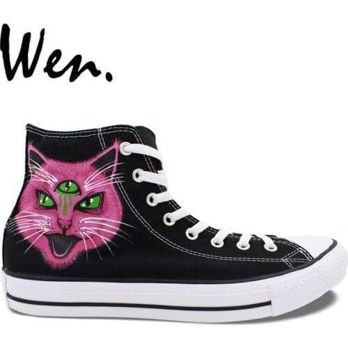 Wen Black High Top Design Custom Three Eyes Cat Head Hand Painted Athletic Shoes Comfortable Unisex Canvas Sneakers Daily Trip