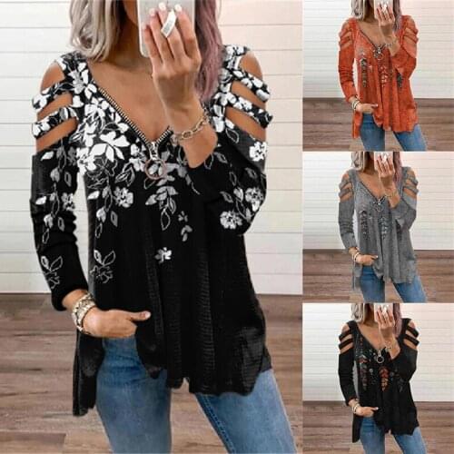 V Neck Zipper Short Sleeve Top Summer Sexy Women Printed Hollow Out T Shirt Fashion Loose Off Shoulder Casual Shirts 2021