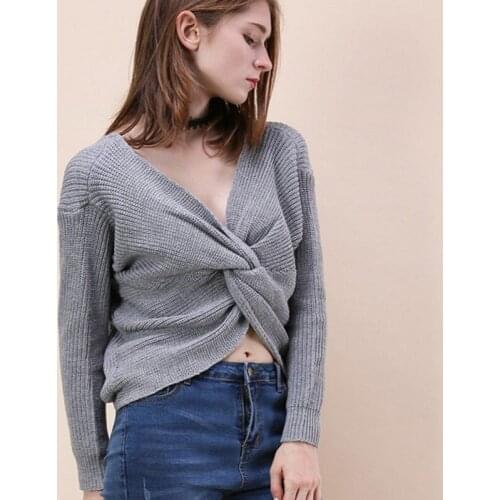 Retro White Sweater Women V Neck Twisted Back Sweater Women Jumpers Autumn Pullovers Casual Tops Long Sleeve Knitted Pull Femme