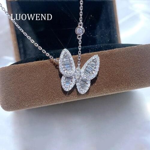 LUOWEND Solid 18K White Gold Pendant Necklace Real Natural Diamond Women Butterfly Shape Engagement Necklace Exquisite
