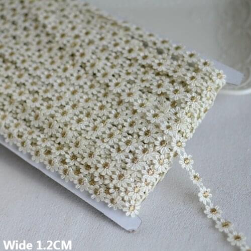 1.2CM Wide White Cotton Embroidered Golden Daisy Flowers Fabric Lace Ribbon Collar Neckline Trim Apparel Dress Sewing Supplies