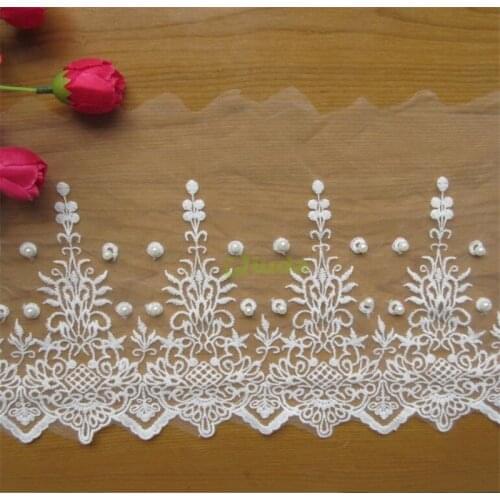 1 yard Embroidered Flower Pearl Cotton Net Mesh Lace Edge Trim Ribbon Floral Applique Fabric Wedding Dress Sewing Craft DIY