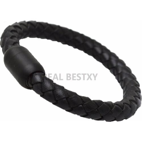5pcs/lot Men Jewelry Punk Black genuine Braided Leather Bracelet for Men Stainless Steel Magnetic Clasp Fashion real bracelet