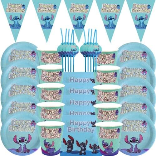 Disney Stitch Theme Birthday Party Decorations Paper Napkin Plate Cup Flags Straws Disposable Tableware Set Baby Shower Supplies