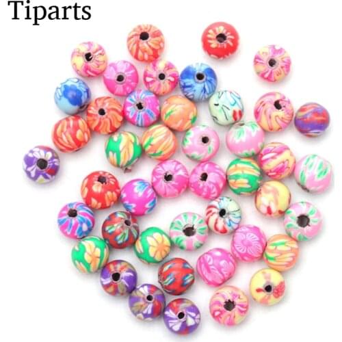 100pcs/lot 6mm Polymer Clay Flower Pattern Printing Beads Round Spacer Loose Beads for Making Jewelry Accessories
