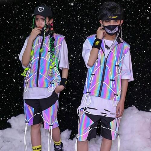 Kids' Colorful Reflective Hip Hop Dance Outfit Vest Pants Boys Hip Hop Show Girls Fashion Jazz Performance Stage Costume BL6205
