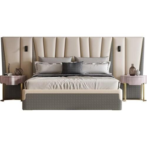 Modern light luxury solid wood double bed master bedroom simple floor wide screen backrest leather art bed furniture