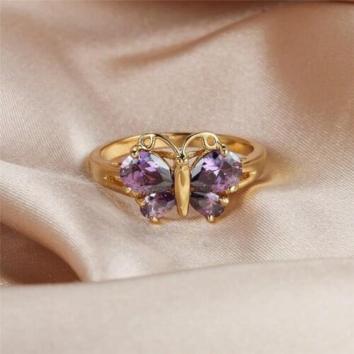 Purple Crystal Cute Butterfly Ring Vintage Fashion Yellow Gold Animal Rings For Women Men Wedding Engagement Birthstone Jewelry
