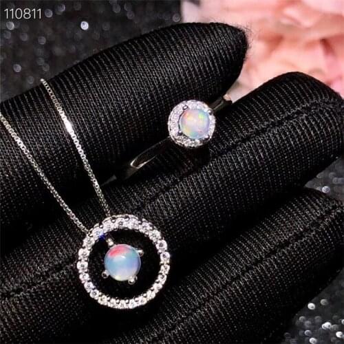 Fine Jewelry 925 Sterling Silver Natural Opal Jewel Female Ring Necklace Pendant Earrings Set Support Detection