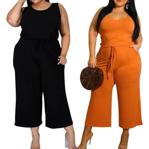 L-4XL Orange Black Plus Size Rompers Womens Jumpsuit Summer Clothing Low Neck Sleeveless Drawstring Wide Leg Oversize Overall