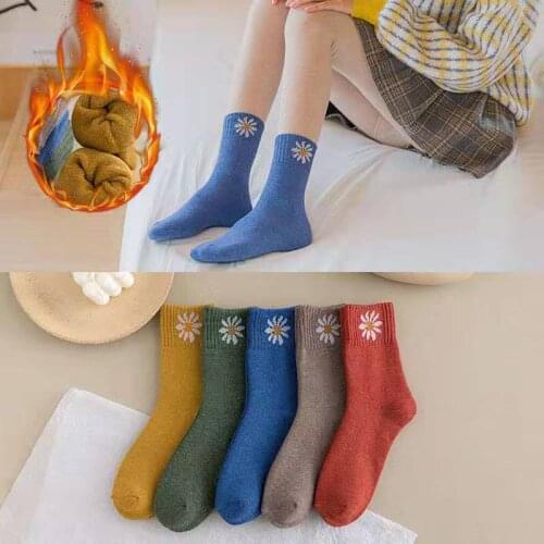 Cute Winter Women Little Florel Socks, Simple Korean Solid-Color Thickened Warm Crew Socks Kawaiis Fun And Happy Cotton Socks