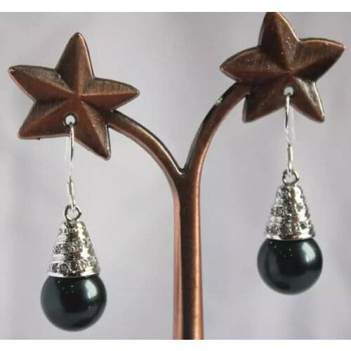 Fashion temperament womens silver plated 12mm Black Shell Pearl Earrings