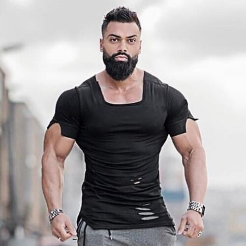 Muscleguys Fitness Clothing 2019 Summer T Shirt Men Ripped Hole T-shirts Mens Slim Fit Tees Mens Hip Hop Extend Gyms Tshirt