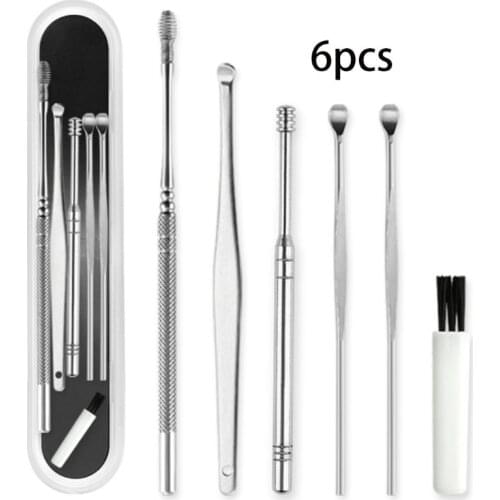 6Pcs/Set Stainless Steel Ear Wax Removal Tool Cleaner Kit Spiral Earwax Curette Pick Spoons Cleaning Brush Health Care with Case