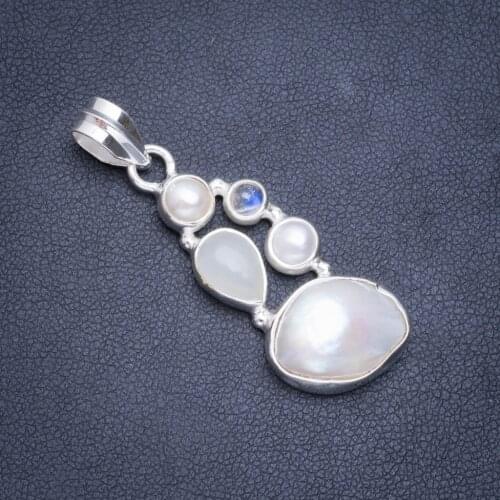 Natural Biwa Pearl,White Chalcedony and Moonstone Handmade Unique 925 Sterling Silver Pendant 1.75" A0590