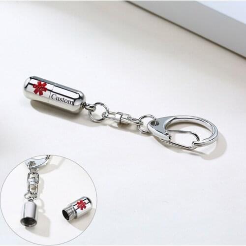 Carry Your Daily Medicine in This Capsule Medicine Pill Key Chains with Custom Engrave Medicine Names Stainless Steel Jewelry